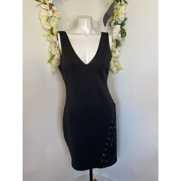 Guess Bodycon Knit Dress Black Gold Braided Detail‎ Sexy Clubwear Size 10 NWOT - Picture 1 of 16